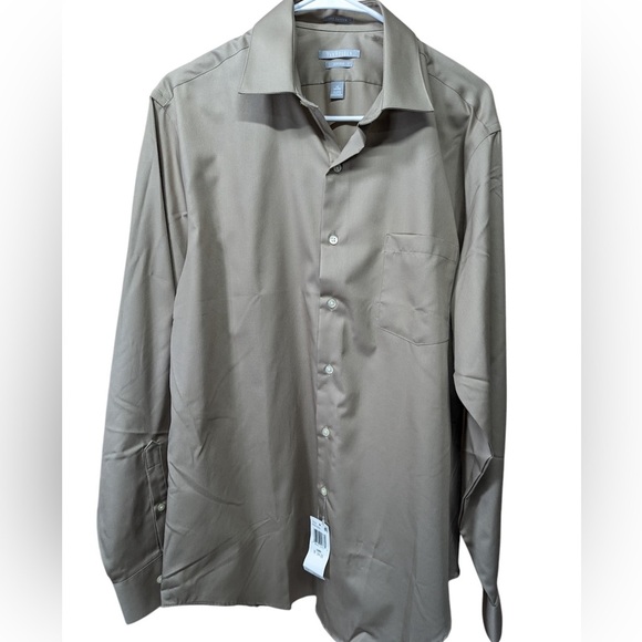 Van Heusen Shirt Regular Fit Lux Sateen Beige Solid Button-down Men's 16  34/35 - Picture 1 of 6